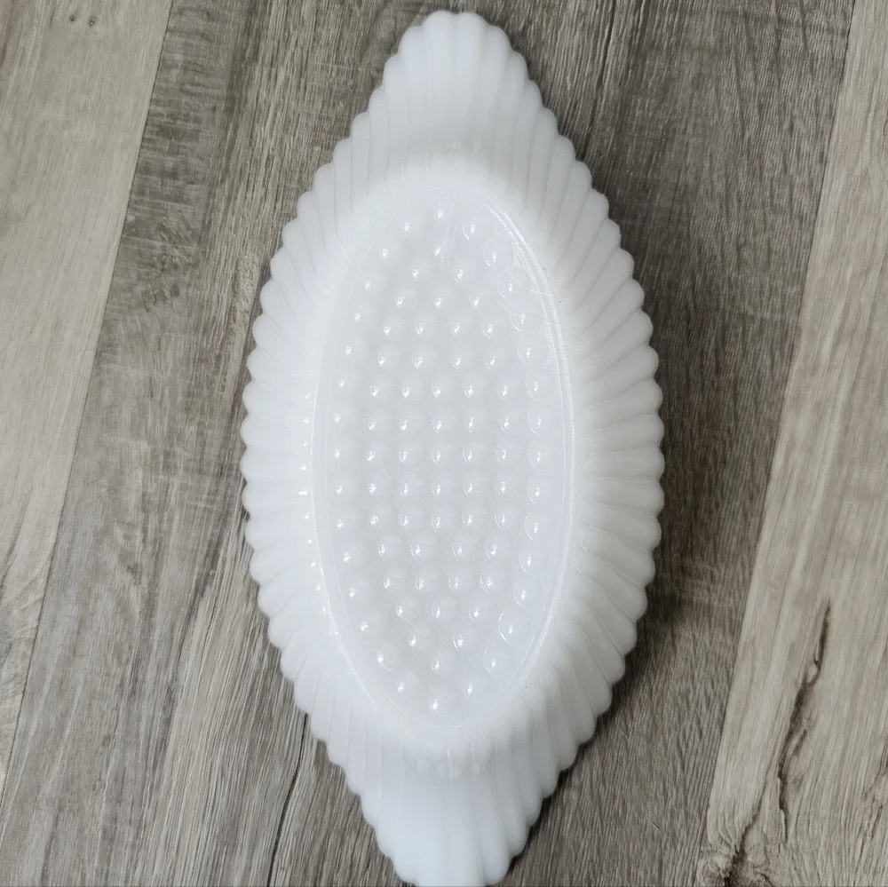 Vintage Fenton Milk Glass Trinket Dish, Scalloped Edges & Top, Hobnail Bottom
